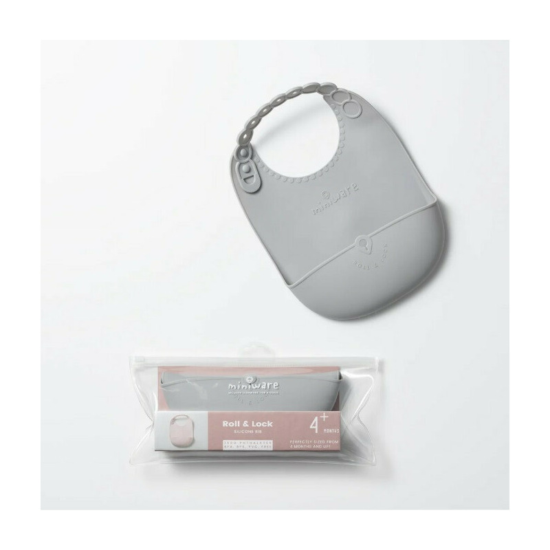 Baveta bebelusi Miniware Roll & Lock, 100% din silicon alimentar, Grey Baveta bebelusi Miniware Roll & Lock, 100% din silicon alimentar, Grey