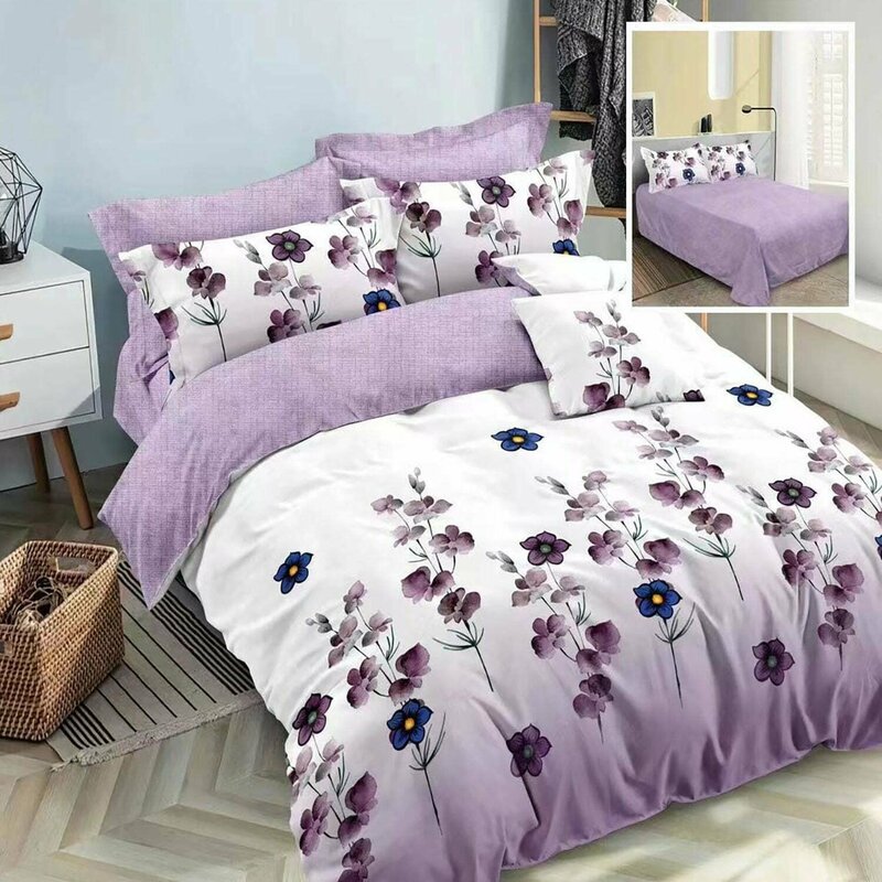 Lenjerie de pat finet 6 piese, cearceaf pat clasic, cearceaf pilota 200x230, 2 fete perna 50x70, 2 fete perna 70x70, Extra, floricele mov Lenjerie de pat finet 6 piese, cearceaf pat clasic, cearceaf pilota 200x230, 2 fete perna 50x70, 2 fete perna 70x70, Extra, floricele mov