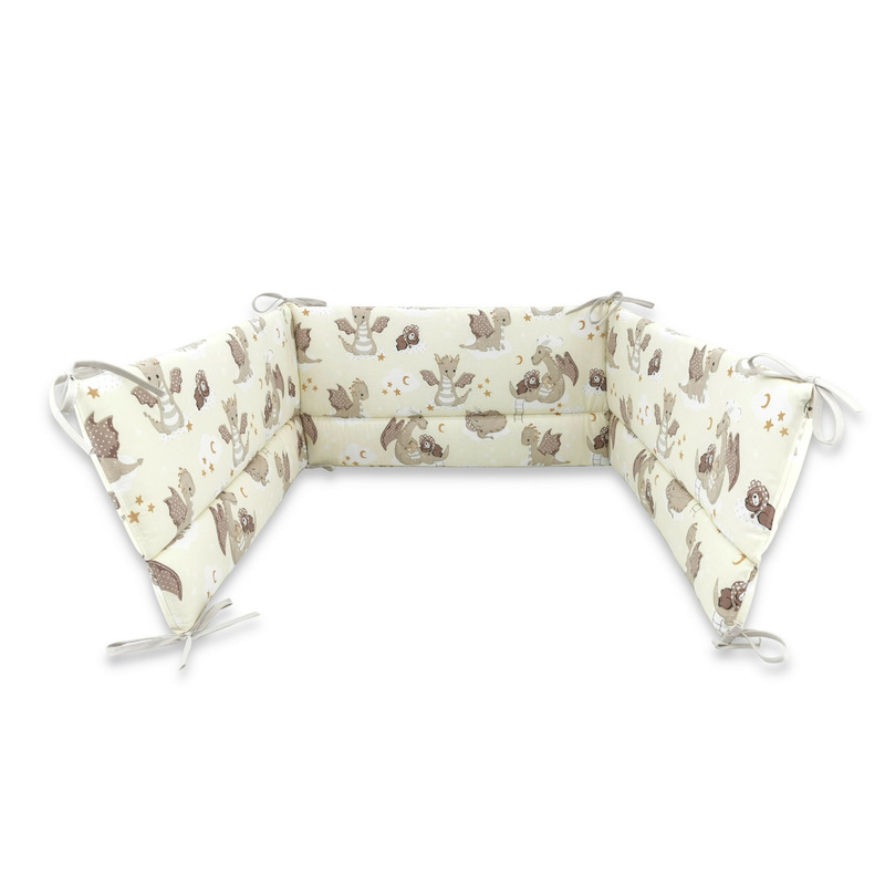 Aparatoare pentru patut, Qmini, Din bumbac certificat Oeko Tex Standard 100, 180x30 cm, Cu panglici, Dragons Beige Aparatoare pentru patut, Qmini, Din bumbac certificat Oeko Tex Standard 100, 180x30 cm, Cu panglici, Dragons Beige