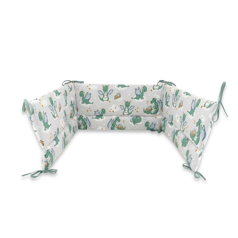 Aparatoare pentru patut, Qmini, Din bumbac certificat Oeko Tex Standard 100, 180x30 cm, Cu panglici, Dragons Gray Aparatoare pentru patut, Qmini, Din bumbac certificat Oeko Tex Standard 100, 180x30 cm, Cu panglici, Dragons Gray