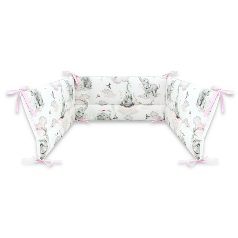 Aparatoare pentru patut, Qmini, Din bumbac certificat Oeko Tex Standard 100, 210x30 cm, Cu panglici, Elephants on Rainbow Pink Aparatoare pentru patut, Qmini, Din bumbac certificat Oeko Tex Standard 100, 210x30 cm, Cu panglici, Elephants on Rainbow Pink