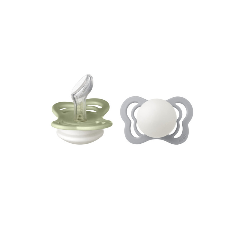 BIBS - Set 2 suzete Fosforencente Couture Glow Silicon, tetina anatomica, 0 luni +-Sage/Cloud BIBS - Set 2 suzete Fosforencente Couture Glow Silicon, tetina anatomica, 0 luni +-Sage/Cloud