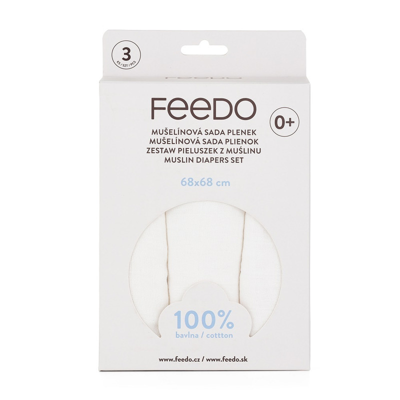 Set 3 scutece, Feedo, Din muselina, Multifunctionale, Din bumbac certificat Oeko-Tex Standard 100, 68x68 cm, 0 luni+, Alb Set 3 scutece, Feedo, Din muselina, Multifunctionale, Din bumbac certificat Oeko-Tex Standard 100, 68x68 cm, 0 luni+, Alb