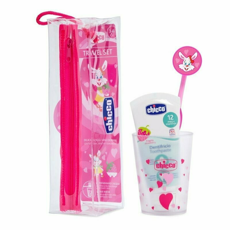 Set igiena orala, Chicco, Pentru copii, Pentru calatorii, Include pasta de dinti, periuta, pahar si husa, 3 ani+, Roz Set igiena orala, Chicco, Pentru copii, Pentru calatorii, Include pasta de dinti, periuta, pahar si husa, 3 ani+, Roz