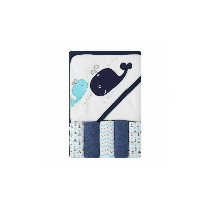 Set cadou bebelusi cu 5 mini prosopele si prosop de baie cu gluga - model marin Set cadou bebelusi cu 5 mini prosopele si prosop de baie cu gluga - model marin