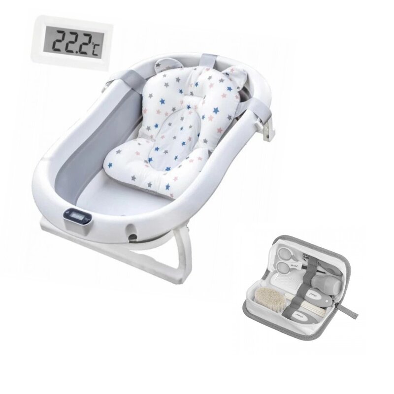 Set de ingrijire bebelusi, Cadita pliabila Primabobo, Genua, Cu termometru, dop si suport anatomic, 80x50x22 cm, Set manichiura Akuku, Cu forfecuta, unghiera, pila de unghii, perie de par, pieptene si aspirator nazal, Gri Set de ingrijire bebelusi, Cadita pliabila Primabobo, Genua, Cu termometru, dop si suport anatomic, 80x50x22 cm, Set manichiura Akuku, Cu forfecuta, unghiera, pila de unghii, perie de par, pieptene si aspirator nazal, Gri