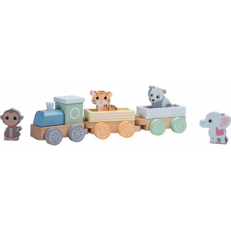 Trenulet, Joueco, Locomotiva si doua vagoane, Include 4 figurine in forma de maimuta, tigru, elefant si panda, Din lemn certificat FSC, 18 luni+, Multicolor Trenulet, Joueco, Locomotiva si doua vagoane, Include 4 figurine in forma de maimuta, tigru, elefant si panda, Din lemn certificat FSC, 18 luni+, Multicolor