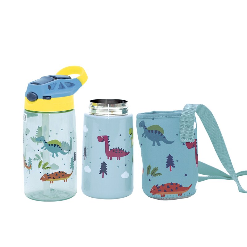 Set 3 in 1 recipient din tritan cu pai 500 ml, termos otel inoxidabil 350 ml, cu capac,maner, husa neopren si bretea transport Olmitos Dino Set 3 in 1 recipient din tritan cu pai 500 ml, termos otel inoxidabil 350 ml, cu capac,maner, husa neopren si bretea transport Olmitos Dino