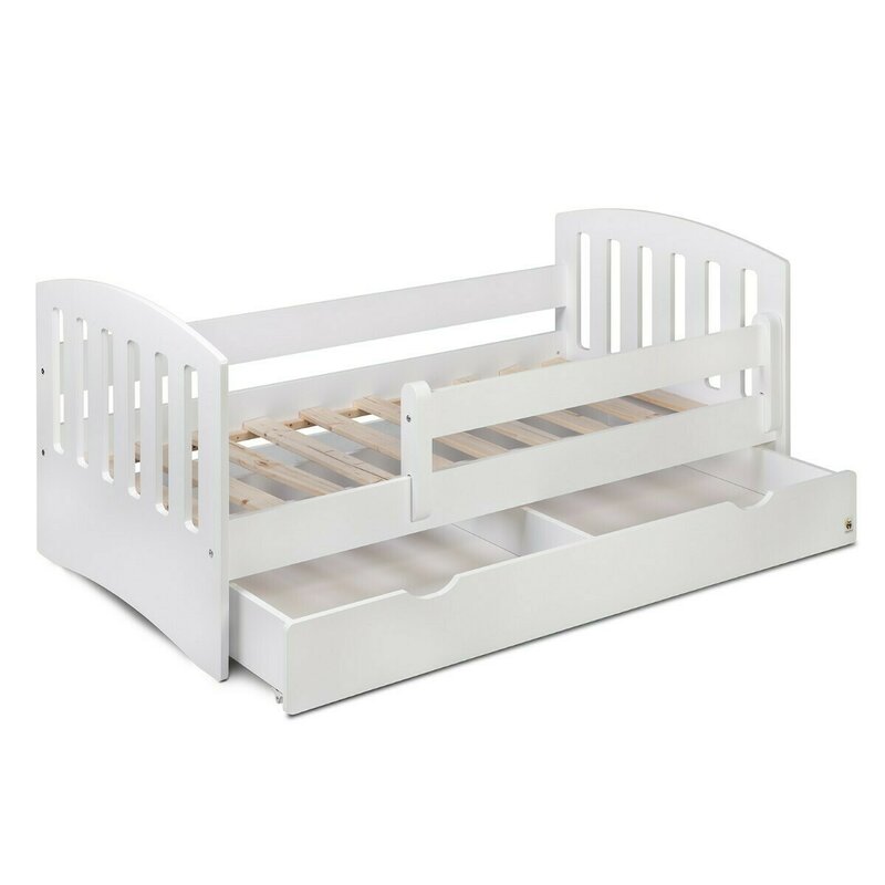 Patut din lemn junior, 160x80 cm, Cu sertar compartimentat, Cu laterala de protectie, Alb, YappyKids, YappyLux Patut din lemn junior, 160x80 cm, Cu sertar compartimentat, Cu laterala de protectie, Alb, YappyKids, YappyLux