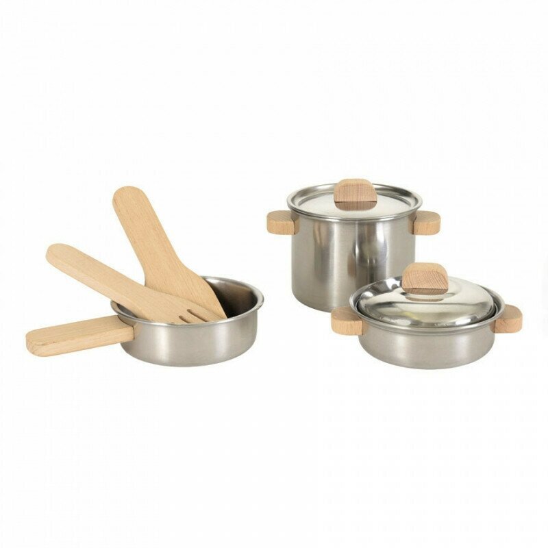 Jucarie Montessori Set de vase de inox cu manere din lemn, Egmont Toys Jucarie Montessori Set de vase de inox cu manere din lemn, Egmont Toys