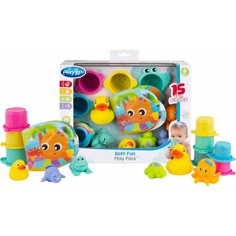Set 15 jucarii de baie, Playgro, Include 5 animalute, o ratusca plutitoare, o carticica si 8 cupe pentru stivuire, Plastic, Fara BPA, 6 luni+, Bath Fun Play Pack Set 15 jucarii de baie, Playgro, Include 5 animalute, o ratusca plutitoare, o carticica si 8 cupe pentru stivuire, Plastic, Fara BPA, 6 luni+, Bath Fun Play Pack