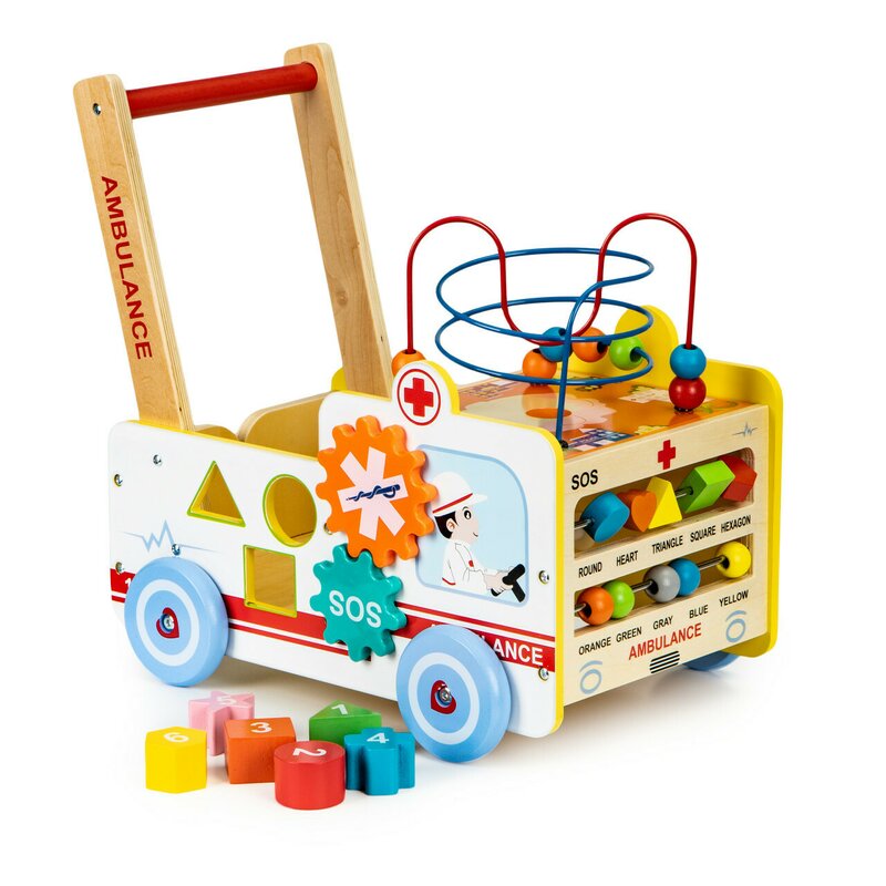 Carucior impingator educational, Ecotoys, Ambulanta, cu panou, elemente mobile, cuburi, labirint Carucior impingator educational, Ecotoys, Ambulanta, cu panou, elemente mobile, cuburi, labirint