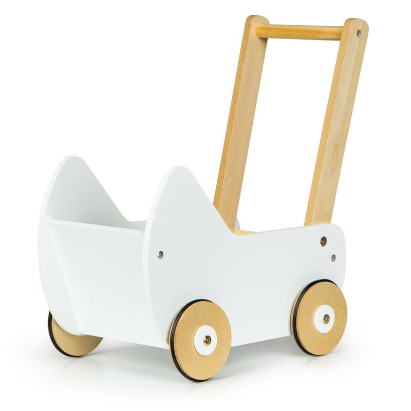 Carucior pentru papusi, din lemn, antemergator, impingator pentru bebe, Ecotoys, ESC-W-0173, sprijina invatarea mersului, Alb Carucior pentru papusi, din lemn, antemergator, impingator pentru bebe, Ecotoys, ESC-W-0173, sprijina invatarea mersului, Alb