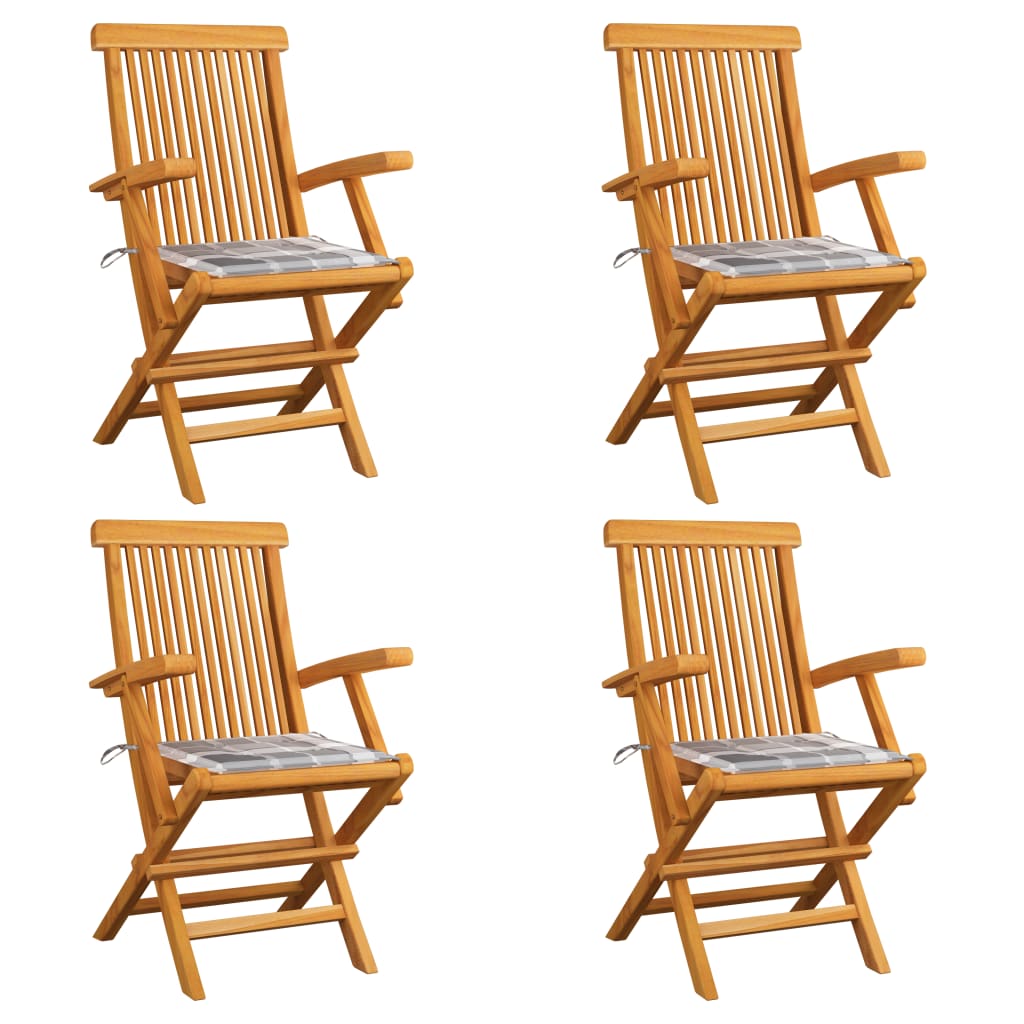 Scaune de gradina cu perne gri carouri, 4 buc., lemn masiv tec, multicolor Scaune de gradina cu perne gri carouri, 4 buc., lemn masiv tec, multicolor
