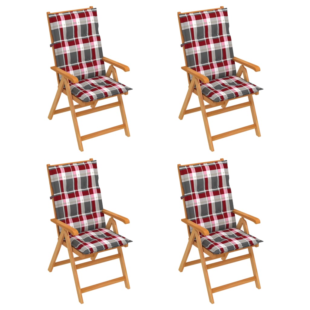 Scaune de gradina cu perne rosu carouri, 4 buc., lemn masiv tec, multicolor Scaune de gradina cu perne rosu carouri, 4 buc., lemn masiv tec, multicolor