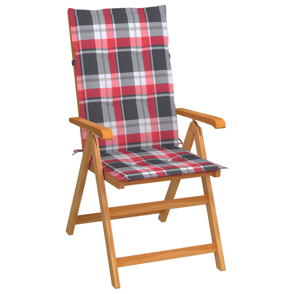 Scaune gradina cu perne, rosu model carouri, lemn masiv tec, multicolor Scaune gradina cu perne, rosu model carouri, lemn masiv tec, multicolor