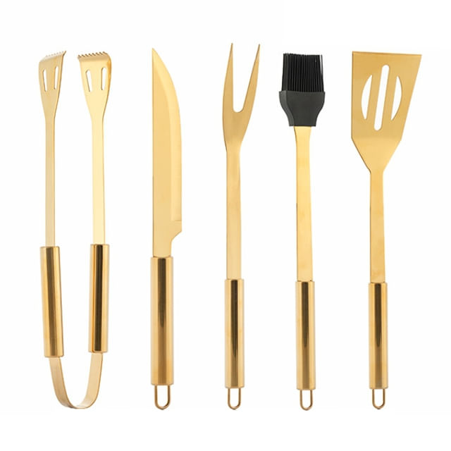 Trusa cu instrumente pentru gratar, Innovagoods, inox placat cu aur, geanta transport Trusa cu instrumente pentru gratar, Innovagoods, inox placat cu aur, geanta transport