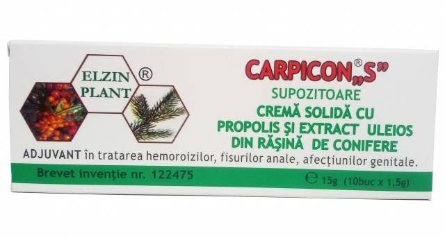 Carpicon "S" - supozitoare cu propolis si extract uleios din rasina de conifere 15g 10buc x 1.5g - ELZIN PLANT Carpicon "S" - supozitoare cu propolis si extract uleios din rasina de conifere 15g 10buc x 1.5g - ELZIN PLANT