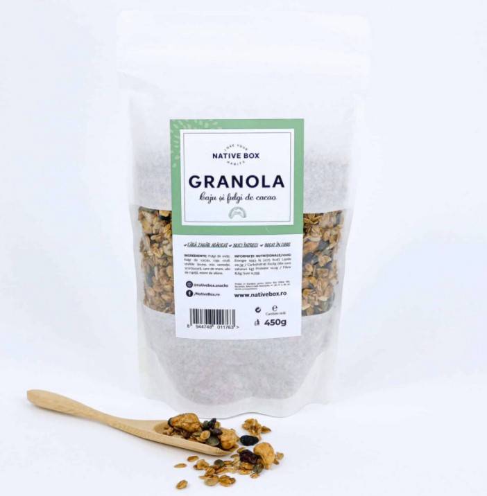 Granola cu caju si fulgi de cacao, fara zahar, 450g - Unison