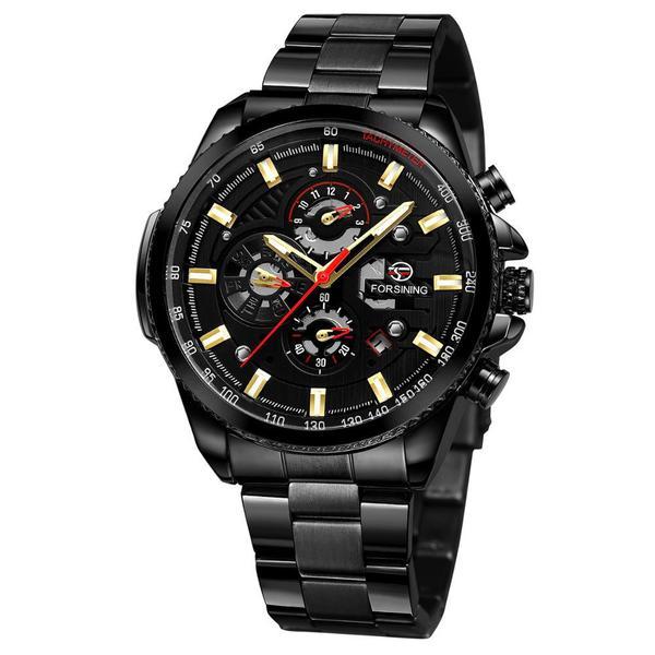 Ceas barbatesc Forsining model sport bratara neagra din otel inoxidabil mecanism automatic calendar complet rezistent la apa 3ATM + cutie cadou Ceas barbatesc Forsining model sport bratara neagra din otel inoxidabil mecanism automatic calendar complet rezistent la apa 3ATM + cutie cadou