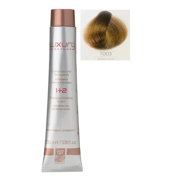 Vopsea Crema Permanenta Luxury Green Light, nuanta Biondo Caldo 7.003, 100 ml Vopsea Crema Permanenta Luxury Green Light, nuanta Biondo Caldo 7.003, 100 ml
