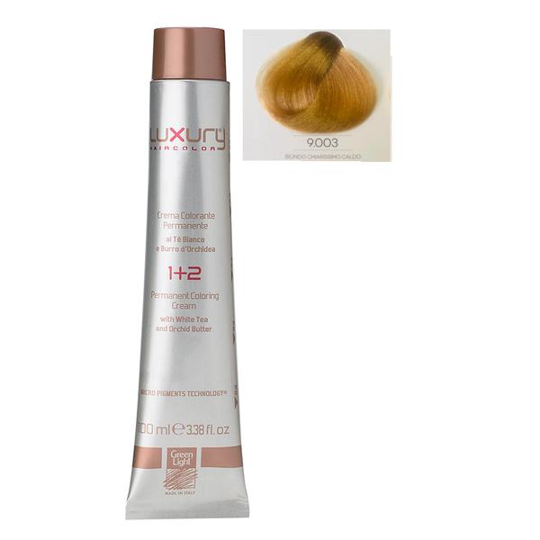 Vopsea Crema Permanenta Luxury Green Light, nuanta Biondo Chiarissimo Caldo 9.003, 100 ml Vopsea Crema Permanenta Luxury Green Light, nuanta Biondo Chiarissimo Caldo 9.003, 100 ml