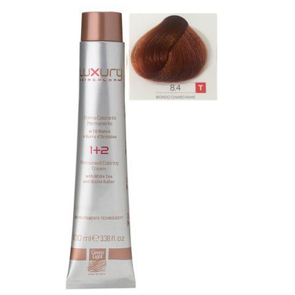 Vopsea Crema Permanenta Luxury Green Light, nuanta Biondo Chiaro Rame 8.4, 100 ml Vopsea Crema Permanenta Luxury Green Light, nuanta Biondo Chiaro Rame 8.4, 100 ml