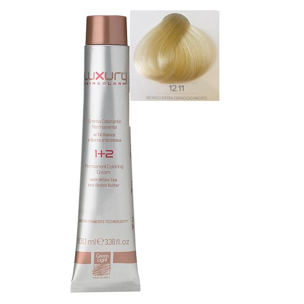 Vopsea Crema Permanenta Luxury Green Light, nuanta Biondo Extra Ghiaccio Pacific 12.11, 100 ml Vopsea Crema Permanenta Luxury Green Light, nuanta Biondo Extra Ghiaccio Pacific 12.11, 100 ml