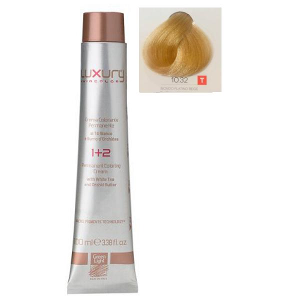Vopsea Crema Permanenta Luxury Green Light, nuanta Biondo Platino Beige 10.32, 100 ml Vopsea Crema Permanenta Luxury Green Light, nuanta Biondo Platino Beige 10.32, 100 ml