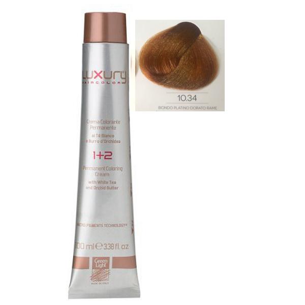 Vopsea Crema Permanenta Luxury Green Light, nuanta Biondo Platino Dorato Rame 10.34, 100 ml Vopsea Crema Permanenta Luxury Green Light, nuanta Biondo Platino Dorato Rame 10.34, 100 ml