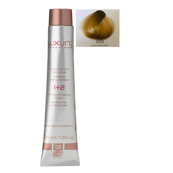 Vopsea Crema Permanenta Luxury Green Light, nuanta Biondo Platino Puro 10.03, 100 ml Vopsea Crema Permanenta Luxury Green Light, nuanta Biondo Platino Puro 10.03, 100 ml