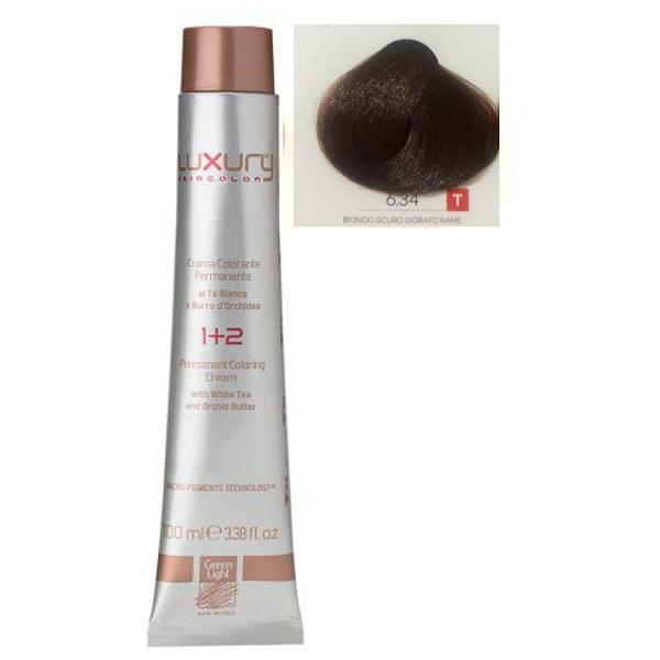 Vopsea Crema Permanenta Luxury Green Light, nuanta Biondo Scuro Dorato Rame 6.34, 100 ml Vopsea Crema Permanenta Luxury Green Light, nuanta Biondo Scuro Dorato Rame 6.34, 100 ml