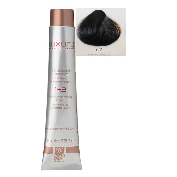 Vopsea Crema Permanenta Luxury Green Light, nuanta Biondo Scuro Pacific 6.11, 100 ml Vopsea Crema Permanenta Luxury Green Light, nuanta Biondo Scuro Pacific 6.11, 100 ml