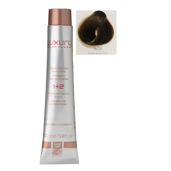 Vopsea Crema Permanenta Luxury Green Light, nuanta Biondo Scuro Puro 6.03, 100 ml Vopsea Crema Permanenta Luxury Green Light, nuanta Biondo Scuro Puro 6.03, 100 ml