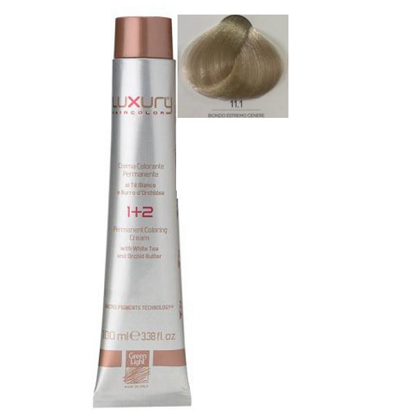 Vopsea Crema Permanenta Luxury Green Light, nuanta Biondo Estremo Cenere 11.1, 100 ml Vopsea Crema Permanenta Luxury Green Light, nuanta Biondo Estremo Cenere 11.1, 100 ml