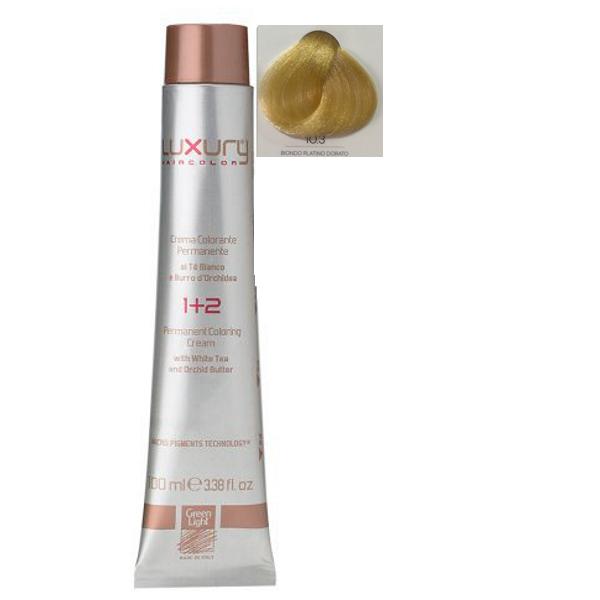 Vopsea Crema Permanenta Luxury Green Light, nuanta Biondo Platino Dorato 10.3, 100 ml Vopsea Crema Permanenta Luxury Green Light, nuanta Biondo Platino Dorato 10.3, 100 ml