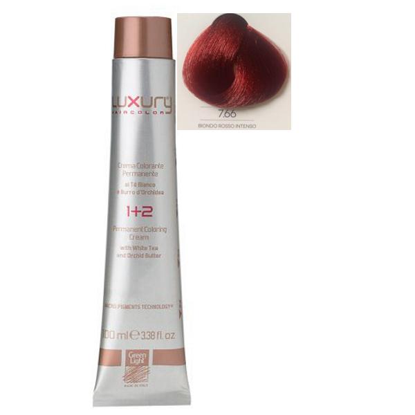 Vopsea Crema Permanenta Luxury Green Light, nuanta Biondo Rosso Intenso 7.66, 100 ml Vopsea Crema Permanenta Luxury Green Light, nuanta Biondo Rosso Intenso 7.66, 100 ml