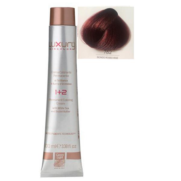 Vopsea Crema Permanenta Luxury Green Light, nuanta Biondo Rosso Irise 7.62, 100 ml Vopsea Crema Permanenta Luxury Green Light, nuanta Biondo Rosso Irise 7.62, 100 ml