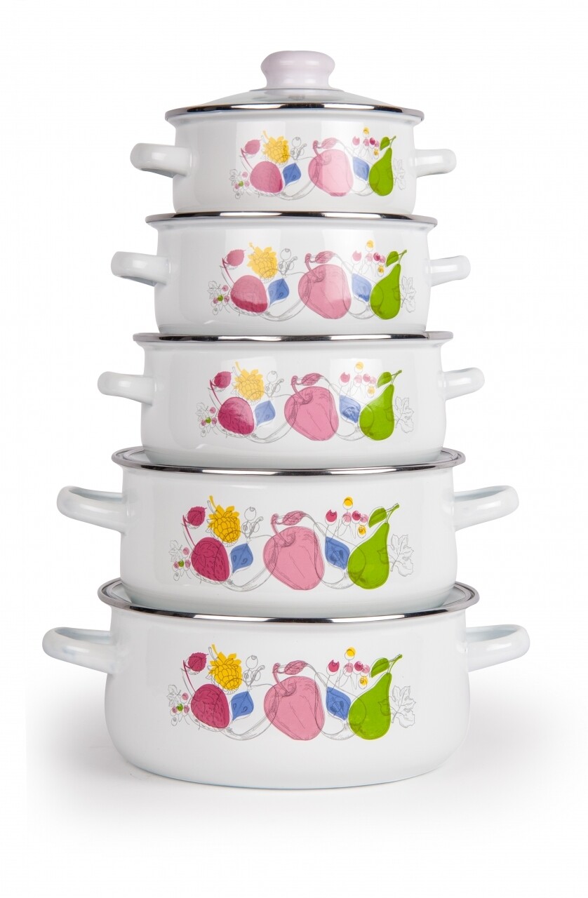 Set de gatit 10 piese, Fabiana, Vanora Home, 1l, 1.5l, 2l, 3l, 4l, otel carbon emailat si sticla, multicolor Set de gatit 10 piese, Fabiana, Vanora Home, 1l, 1.5l, 2l, 3l, 4l, otel carbon emailat si sticla, multicolor