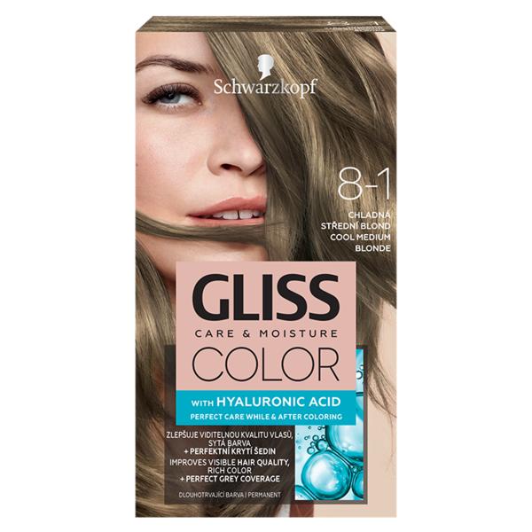 Vopsea de Par Permanenta cu Acid Hialuronic - Schwarzkopf Gliss Color Care & Moisture with Hyaluronic Acid, nuanta 8-1 Cool Medium Blonde Vopsea de Par Permanenta cu Acid Hialuronic - Schwarzkopf Gliss Color Care & Moisture with Hyaluronic Acid, nuanta 8-1 Cool Medium Blonde