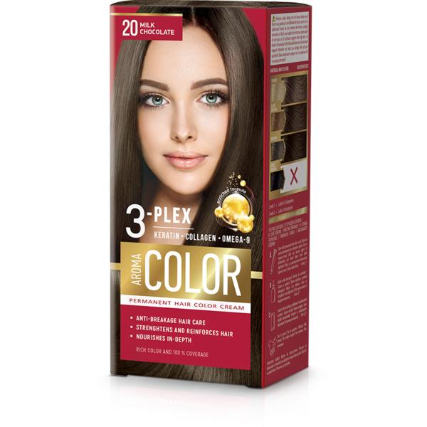 Vopsea Crema Permanenta - Aroma Color 3-Plex Permanent Hair Color Cream, nuanta 20 Milk Chocolate, 90 ml Vopsea Crema Permanenta - Aroma Color 3-Plex Permanent Hair Color Cream, nuanta 20 Milk Chocolate, 90 ml