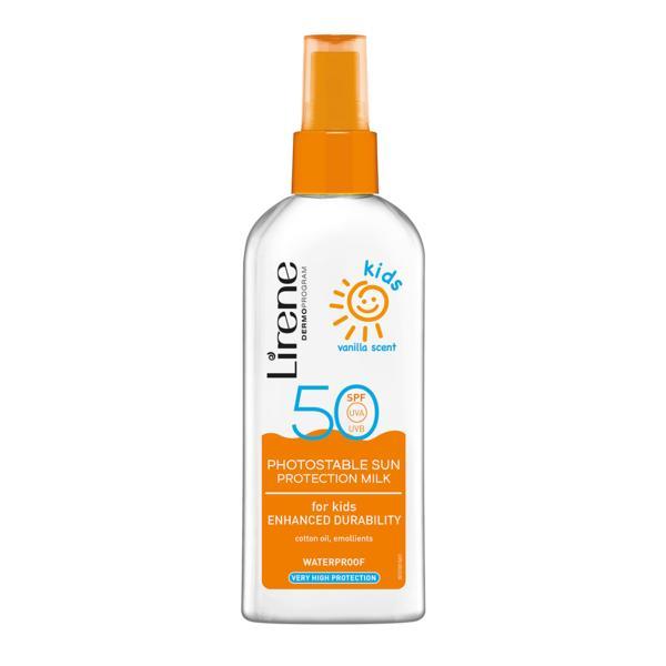 Lapte de corp Lirene fotostabil pentru copii, cu factor ridicat de protectie solara SPF 50 si parfum de vanilie, 150ml Lapte de corp Lirene fotostabil pentru copii, cu factor ridicat de protectie solara SPF 50 si parfum de vanilie, 150ml