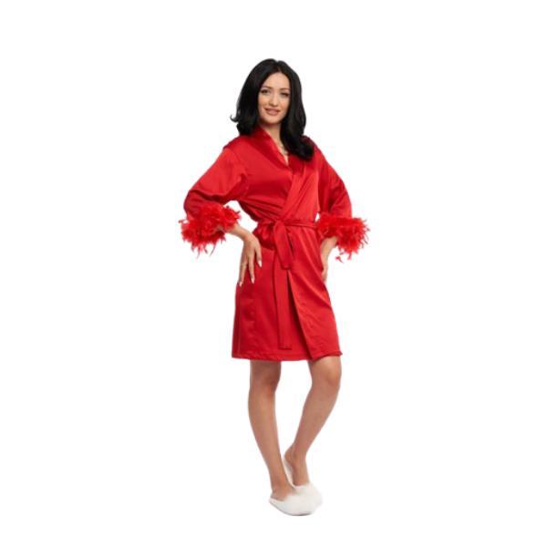 Halat Domnisoara de Onoare Rosu cu Broderie Bridesmaid si pene marime M Halat Domnisoara de Onoare Rosu cu Broderie Bridesmaid si pene marime M