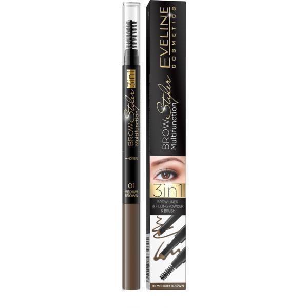 Creion multifunctional pentru sprancene Eveline Cosmetics, Brow Styler, 01 medium brown, 7ml Creion multifunctional pentru sprancene Eveline Cosmetics, Brow Styler, 01 medium brown, 7ml