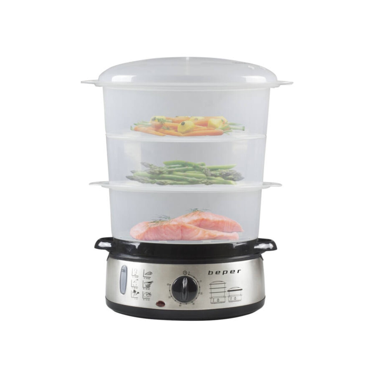 Aparat de gatit la aburi BC.250, Beper, 800 W, 9 L, 3 recipiente transparente Aparat de gatit la aburi BC.250, Beper, 800 W, 9 L, 3 recipiente transparente