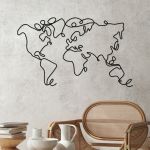 Decoratiune de perete, World Map, Metal, Grosime: 2 mm, Negru