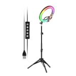 RGB Selfie Ring multicolor 26cm, cu tripod 2.1m, cu suport de telefon, 15 nuante de culoare, cu luminozitate ajustabila, ajustare pozitie 360 de grade, alimentare USB