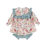 Compleu rochita inflorata Pearl, cu maneca lunga si pantaloni scurti bufanti, bleu ciel