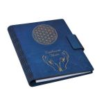 Agenda A5 din lemn personalizata, albastra, Piksel, Floarea vietii, 100 pagini si pix din lemn inclus