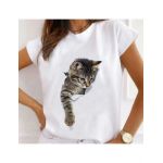 Tricou Dama Alb "Cute Cat" Engros